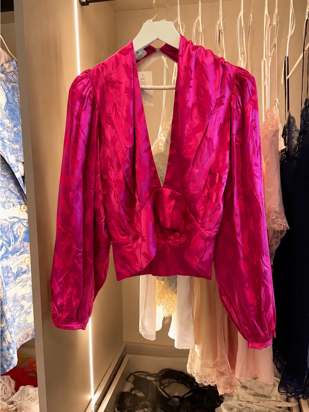 NWT REMY KOBO Pink Satin V-Neck Puff Sleeve Blouse